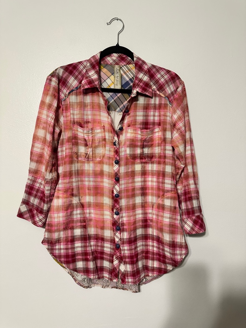 Aratta Silent Journey Plaid Button Down Tunic Floral size Small Pink